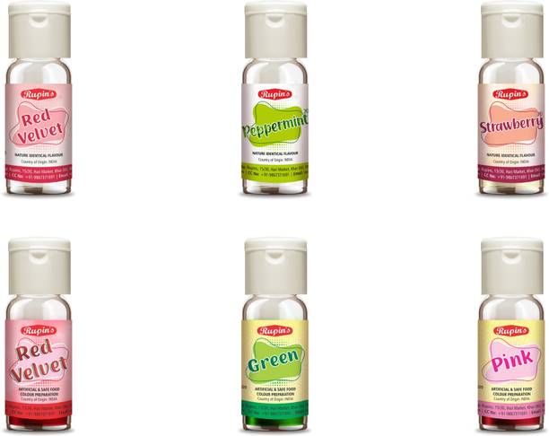 RUPINS RUPIN’S BAKERS HEAVEN FLAVOR & FOOD COLOR PACK, RED VELVET FLAVOUR, RED VELVET COLOR, PEPPERMINT FLAVOR, GREEN COLOR, STRAWBERRY FLAVOUR, PINK COLOR, 30 ML, PACK OF 6 Red Velvet Liquid Food Essence