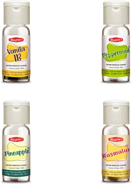 RUPINS RUPIN'S BAKERY BONANZA FLAVOR COMBO PACK, VANILA, PINEAPPLE, PEPPERMINT, RASMALAI, PACK OF 4 Vanilla Liquid Food Essence