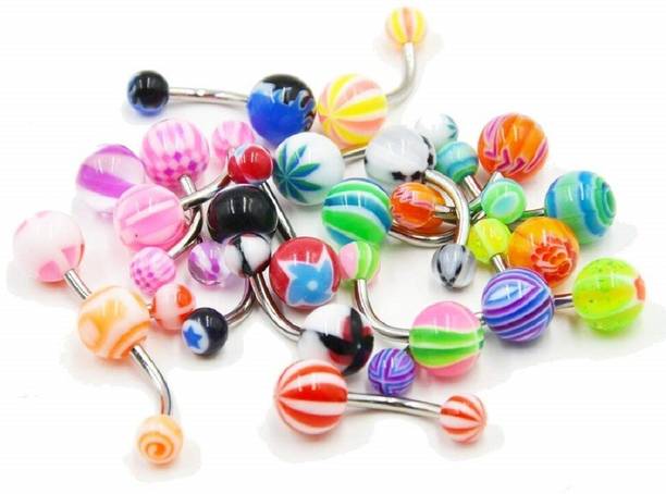 GadgetsDen Pattern Design Acrylic Ball Navel Belly Button Piercing 10 Pcs ( Multicolour) Stainless Steel Beaded Charm