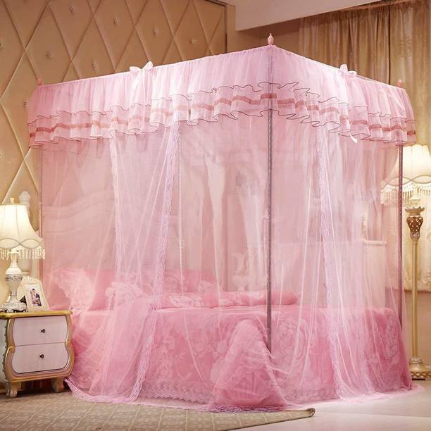 buyagain Cotton Adults Washable 4 Corners Post Canopy Bed Curtain - Royal Luxurious Cozy Drape Netting - 3 Opening Mosquito Net - Cute Princess Bedroom Decoration Accessories (59" W*78" L*82"*H/(Suggested for Full/Queen)) PINK COLOUR Mosquito Net
