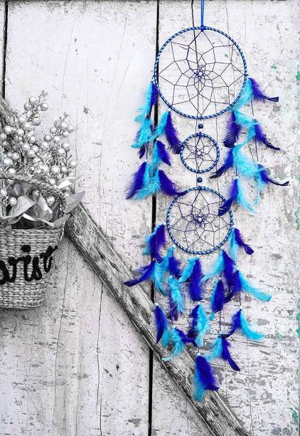 ILU Dream Catchers, Home Decor, Handmade Dreamcatcher for Bedroom, Balcony, Garden, Party, Cafe, Small Ring Beaded Blue & Light Blue Feathers, 17cm Diameter, Length 80cm Iron, Feather Dream Catcher