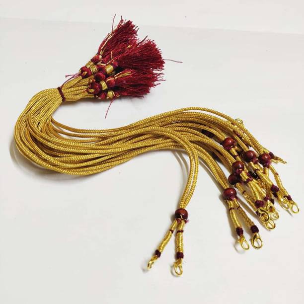 Crafto Women Zari Thread Pearl Braided Zari Necklace Dori with Hook and Maroon Silk Thread Tassel (Gold) Pack of 6 Pcs of Necklace Dori