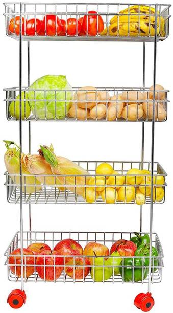 ANIRUDHA Stainless Steel Kitchen Trolley Portable Modern Storage Rack Design Fruits & Vegetable Onion Cutlery, Spice, Pickles Jars Container Basket Organizer Holder Stand 4 Layer Trolley Rack Stainless Steel Kitchen Trolley