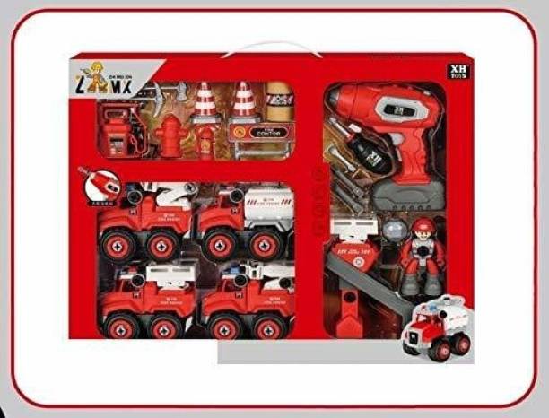 Galactic Fire Trucks Toy Playset, DIY Assembly Fire Engine Truck, Rescue Ladder Vehicles Toys renwith Screwdriver and Drill Machine, Educational Gift for Kids Toddlers Boys Girls Child