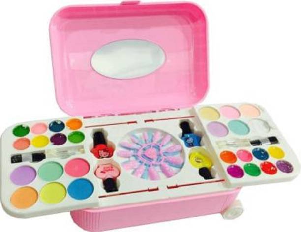 Shopjamke Girl's All-in-One Cosmetic and Real Makeup Palette with Mirror, Comes in Trolley for Kids ( Make up Kid and Nail Art KIT Set )