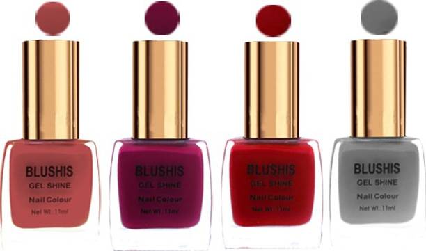 ब्लूशिस Gel Shine Nail Color Pack Of 4 डस्टी ब्लश,डार्क मैजेंटा ,लाल ,ग्रे