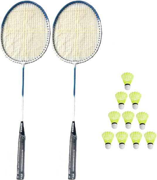 Monika Sports Practice Quality 2 Pc Single Shaft Racquet + 10 Pc Nylon Shuttle Badminton Kit