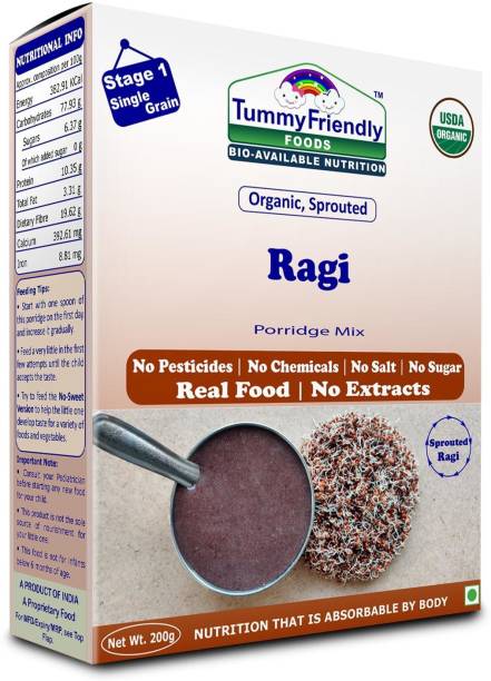 TummyFriendly Foods Certified USDA Organic Sprouted Ragi Porridge Mix | Made of Organic Sprouted Ragi for Baby| Rich in Calcium, Iron, Fibre & Micro-Nutrients | 200g Cereal