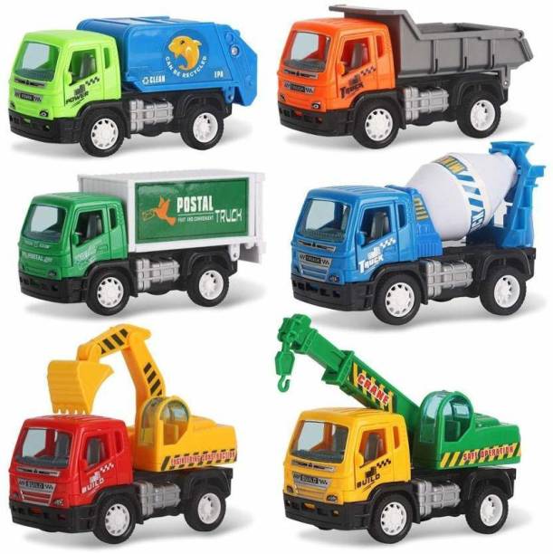 Galactic City Toy Car Builder ABS Plastic Construction Vehicle Dumper, JCB, Cement Mixer, Transport Truck, Garbage Truck, Container, Crane Set for Kids (Pack of 6 Pcs)(Multicolor)