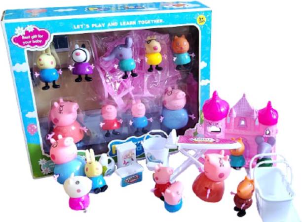 The Simplifiers Happy Pig Family and Friends Laundry Kit Play Set with Castle (Set of 9 Figures)