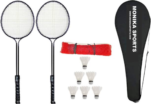 Monika Sports Complete Badminton Kit ( 2 Double Shaft Racquet + 6 Pc Feather Shuttle + 1 Badminton Net + 1 Cover ) Badminton Kit