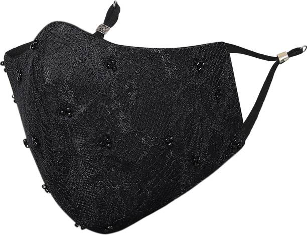 MASQ Anti-Pollution, Anti-Bacterial (BFE>99%) 4 Layer Embroidered, Designer, Fashionable & Protective Nylon Cloth Face Mask Combo for Women, Girls with Detachable Chain, Size Adjustable Ear Loops & Mask Bag Beaded_Black_Medium_01 Reusable, Washable Cloth Mask