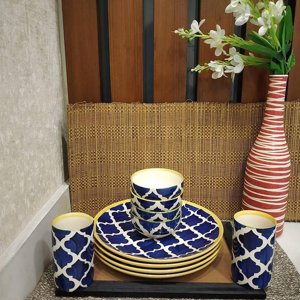 caffeine Pack of 10 Ceramic Handmade Blue Umrao Dinner Set Dinner Set