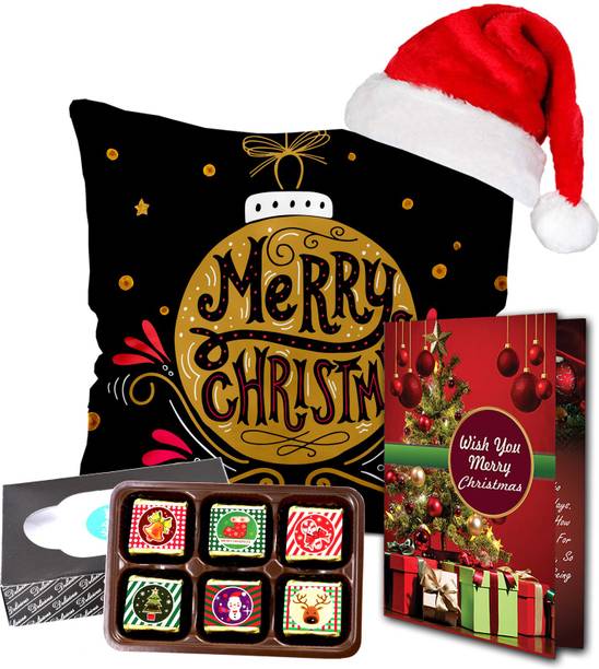 Midiron Christmas Gifts, Chocolate Box | Santa Cap| Greeting Card | Printed Cushion (16*16 In) for Friend & Relative IZ20ST-19 Cotton, Paper Gift Box