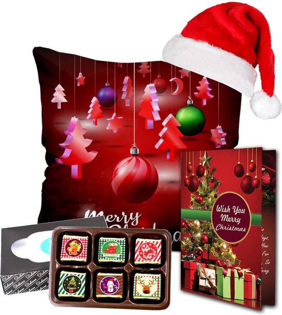 Midiron Christmas Gifts, Chocolate Box | Santa Cap| Greeting Card | Printed Cushion (16x16 In) for Friend & Relative IZ20ST-09 Cotton, Paper Gift Box