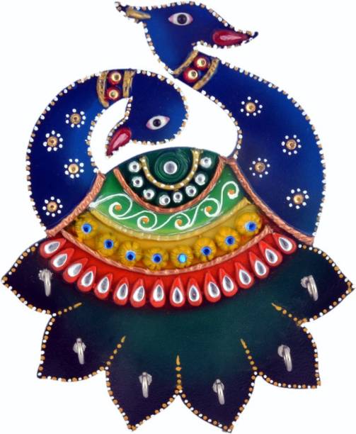 Janki Handicraft Wooden Peacock Rajasthani Kundan Art Work key holder key stand Wood Key Holder