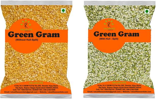 Value Life Yellow, Green Combo (Split) (Green Gram Without Hull Split 1kg, Green Gram Split 1kg Pack Of 2)