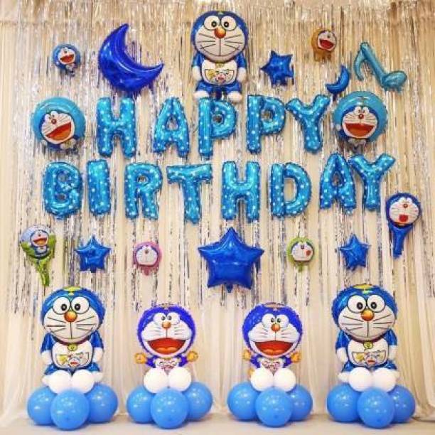 Anayatech Solid Doreamon combo with star happy birthday combo- happy birthday foil balloon,2 doreamon foil balloon,2 blue star foil,2 silver curtain36 blue and white balloon-pack of 50 Balloon