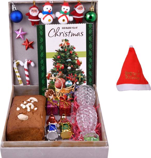 MANTOUSS Christmas Cake Gift(200gms)/ Christmas Plum Cake Gift Box+2 Shot Glasses + Christmas Card + Glass Candle + Christmas Tree Decoration Set+Santa Cap Wooden, Cotton, Plastic, Paper, Glass Gift Box