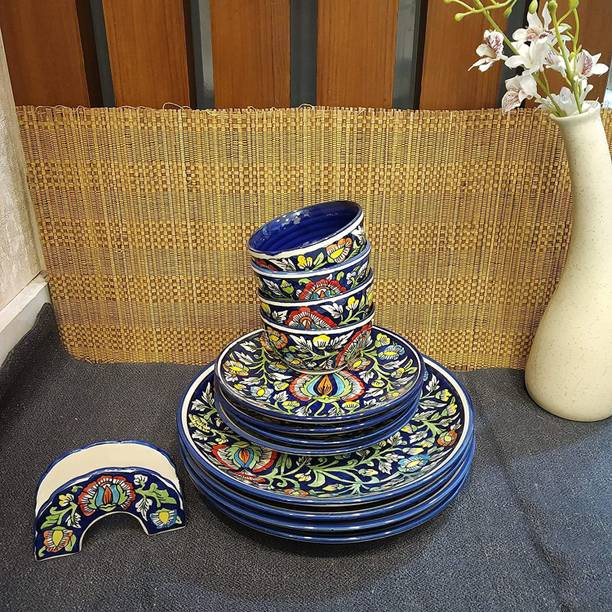 caffeine Pack of 13 Ceramic Handmade Blue Jaipuri Dinner Set Dinner Set