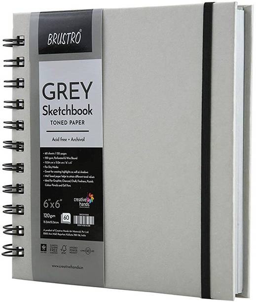 BRuSTRO Toned Paper - Grey Sketchbook, Wiro Bound, Size 6" x 6", 120GSM (60 Sheets) 120 Pages Sketch Pad