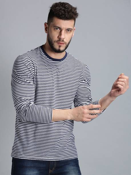 Men Striped Round Neck Pure Cotton White, Black T-Shirt Price in India