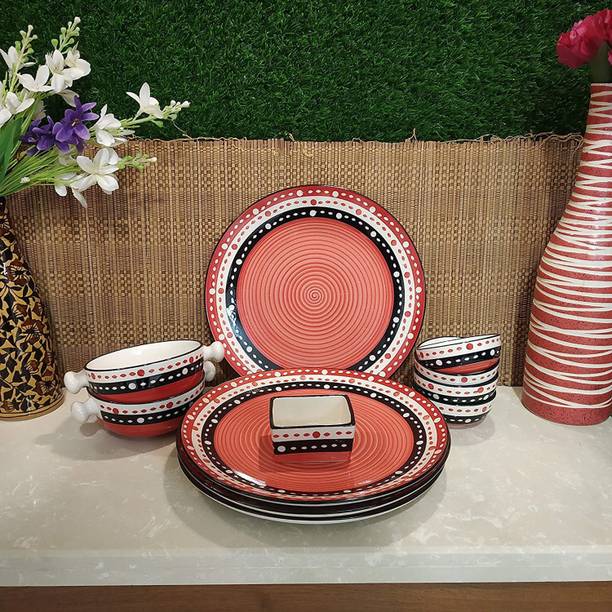 caffeine Pack of 11 Ceramic Handmade Red- Black Dot Dinner Set Dinner Set