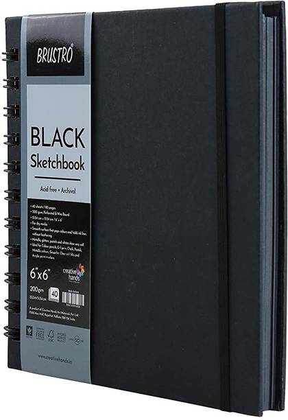 BRuSTRO Black Sketchbook, Wiro Bound, Size 6" x 6" Inches, 200GSM (40 Sheets) 80 Pages Sketch Pad