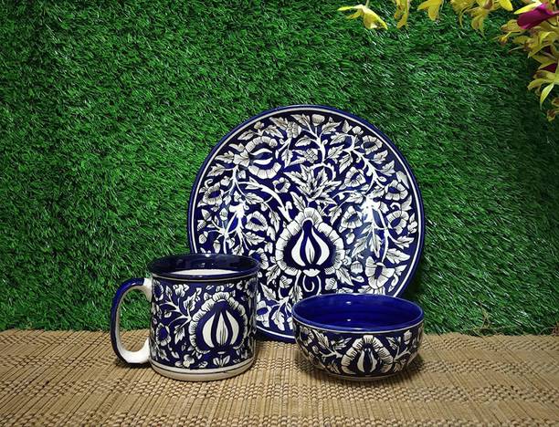 caffeine Pack of 3 Ceramic Handmade blue mughal Breakfast set Dinner Set