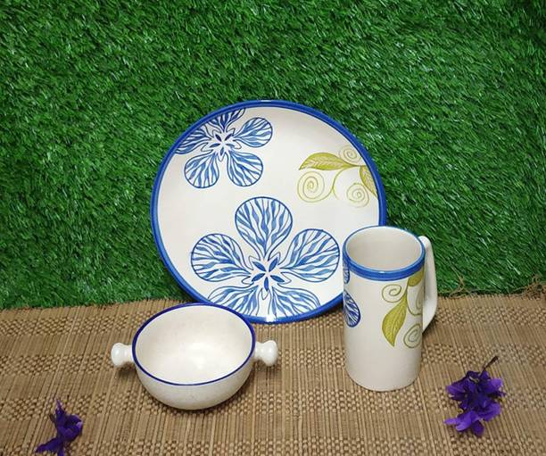 caffeine Pack of 3 Ceramic Handmade Blue Flora Breakfast Set Dinner Set