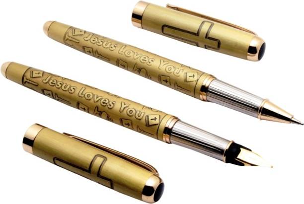 Ledos Set Of 2 - Picasso Parri Sailor Jesus Loves You Engraved Fountain &amp; Ballpoint Pens Matt Gold Finish Pen Gift Set