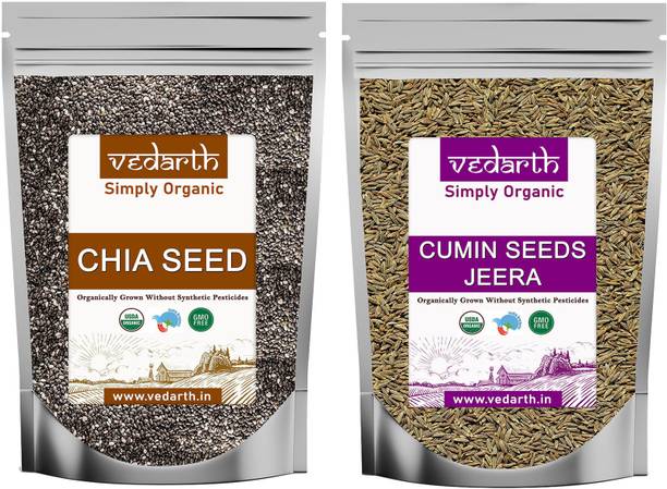 Vedarth Organic Combo of Chia Seed and Cumin / Jeera Seed (100 Gram Each Pack) Chia Seeds, Cumin Seeds