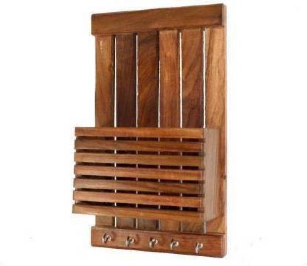 Giftoshopee key stand Wooden Wall Shelf ( Brown) Wood Key Holder (5 Hooks, Brown) Wood Key Holder