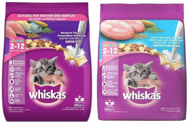 Whiskas WHISKAS KITTEN DRY FOOD COMBO OF 2 PACK BY AQUATICA FISHES..(1 PACK OF WHISKAS JUMIOR DRY MACKEREL 450G )(1 PACK OF WHISKAS JUNIOR OCEAN FISH DRY 450 G) Liver Chunks, Fish, Milk, Sea Food 0.9 kg (2x0.45 kg) Dry New Born, Young Cat Food