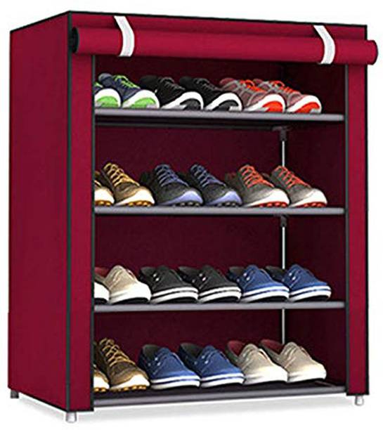 GO HOOKED 4 Layer Multipurpose Portable Folding Shoes Rack/Shoes Shelf/Shoes Cabinet with Wardrobe Cover, Easy Installation Stand for Shoes (Pack of 1) (Maroon) (Metal & Non-Woven Fabric). Metal Shoe Stand