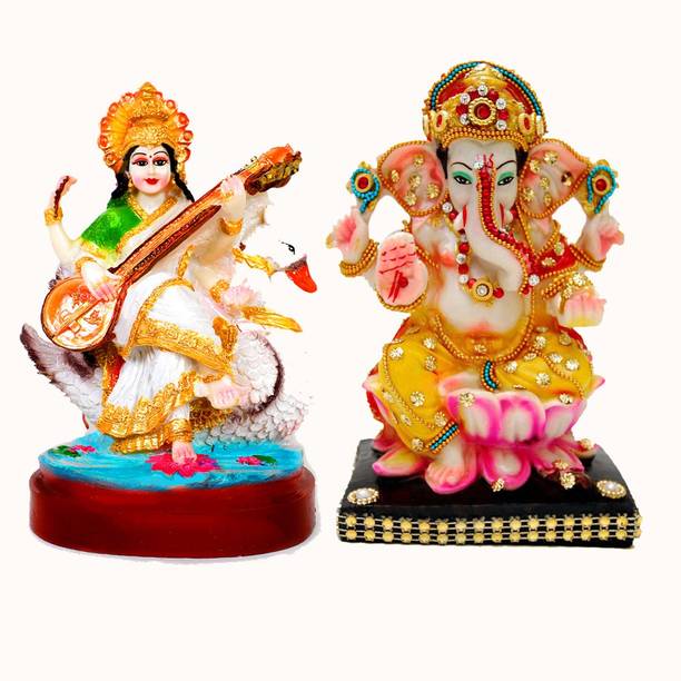 buji Combo of 02 God Goddess Mata Saraswati and God Ganesha idol murti for diwali decorative for Pooja and Mandir and Temple Decorative Showpiece  -  18 cm