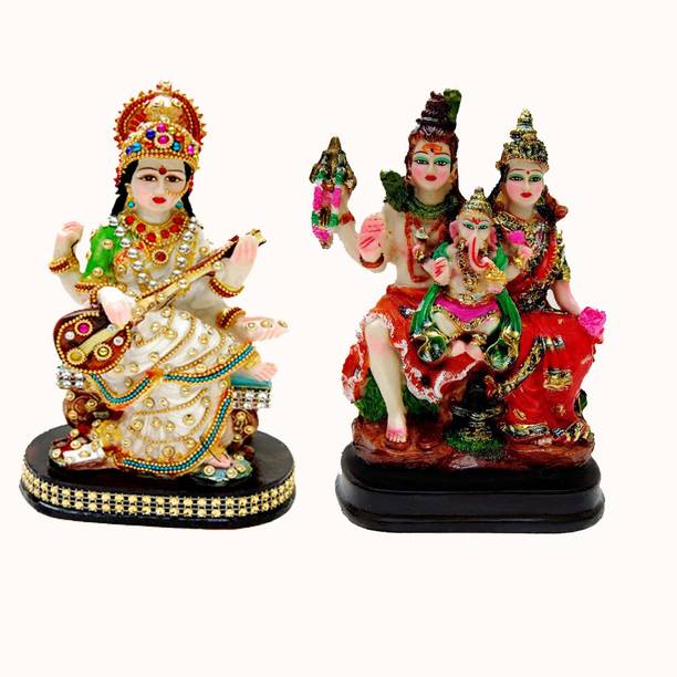 buji Combo of 02 God Goddess Mata Saraswati and God Shiv Parivar idol murti for diwali decorative for Pooja and Mandir and Temple Decorative Showpiece  -  20 cm