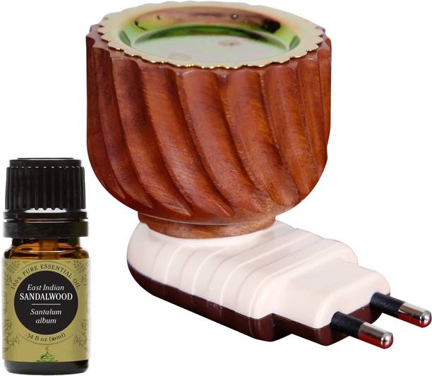 Gleevia Sandalwood Aroma Oil Diffuser Set Electric Vedic-Wooden Kapoor dani cum Aroma Oil Diffuser For Fragrance And Ambience|Direct Plug-In Incense Burner/Kapoor Dani|Sturdy High Quality Plug For Better Support Wooden Incense Holder (Brown) with Sandalwood Aroma Oil