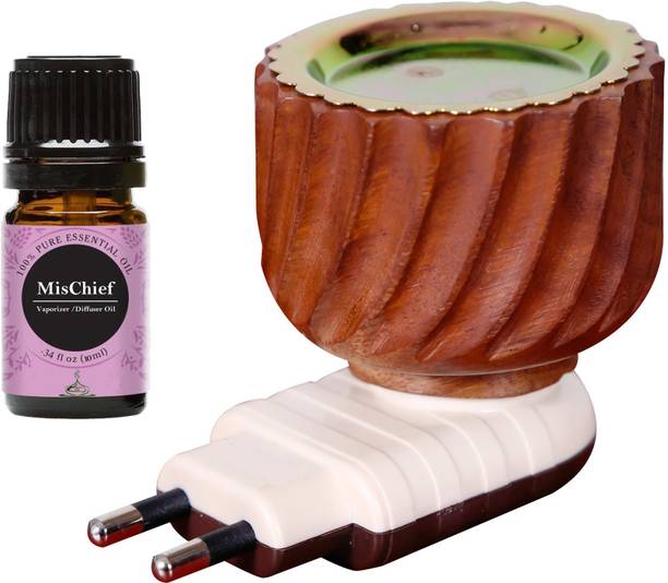Gleevia Mischief Aroma Oil Diffuser Set Electric Vedic Wooden Kapoor dani cum Aroma Oil Diffuser For Fragrance And Ambience|Direct Plug-In Incense Burner/Kapoor Dani|Sturdy High Quality Plug For Better Support Wooden Incense Holder (Brown) with Mischief Aroma Oil