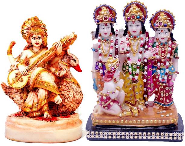 buji Combo of 02 God Goddess Mata Saraswati and God Ram Darbar idol murti for diwali decorative for Pooja and Mandir and Temple Decorative Showpiece  -  18 cm