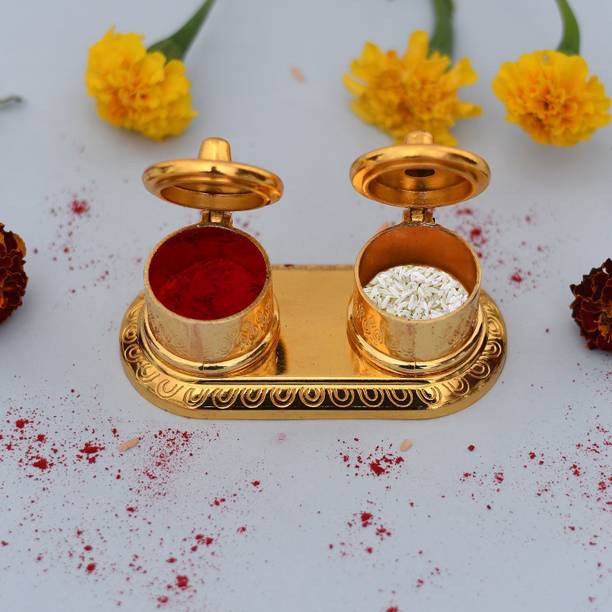 Craftam Double Dabbi Roli-Chandan, Chawal-Akshat-Haldi, Kumkum Box Tilak Chopda With Roli Rice Pack Decorative Showpiece  -  5 cm