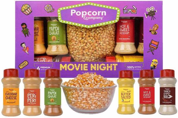 POPCORN&COMPANY Movie Night Popcorn Kernels Seeds with Popcorn Seasoning- DIY Popcorn Kit, Instant Popcorn Seeds with 6 Different Seasoning( Peri Peri, Butter Salt, Butterfly Corn, Papdi Chaat, Cheddar Cheese & Hot Sweet Ketchup Seasoning) 800 g Combo
