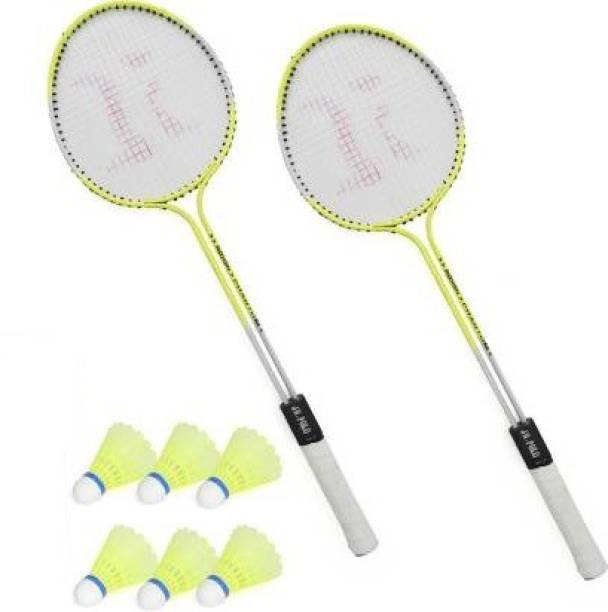 Ostrich Double Shaft Florescent Badminton Racket Pack Of 2 Piece With 6 Piece Plastic Shuttles Badminton Kit