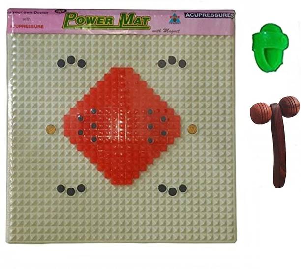 escor ESC-B01-OW Computerised Acu-Pyramid Design Acupressure Magnetic Shiatsu Reflexology Power Mat Kit for Total Health Care n Pain Relief useful for Heel Knee Leg Calf Foot-Pain; Sciatica; Cramps; Migraine; Depression; Blood Pressure Regulation; Sleep Improvement; Mind Alertness; Boost the Immune System with Power Thumb n Wooden Soft Massager