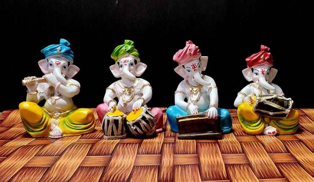 Sawcart Lord Ganesha Musical Set of 4 Statue Playing Flute Tabla Dholak Harmonium Handicraft Cute Figurines of Ganesh Vinayak Idol Decorative Showpiece Home &amp; Temple Décor House Warming Diwali Gift Decorative Showpiece  -  13 cm