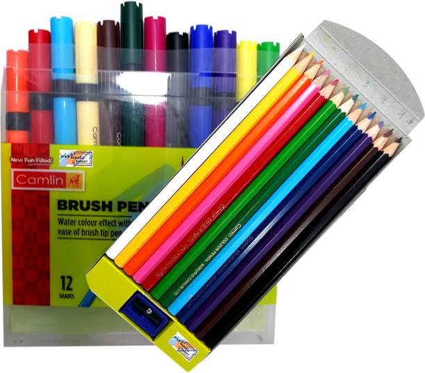 Camlin Majestic Basket 12 Shades Brush Pen Alongwith Hexagonal Colour Pencils [Bright & Precise Colouring]