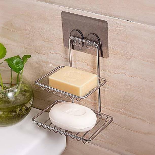 Neroxa 2 Layer Stainless Steel Soap Dish Storage Organizer Holder Self-Adhesive Waterproof Kitchen Bathroom Soaps Wall Rack Stand for washbasin no Drill Space Saver soap Holder Self For Home