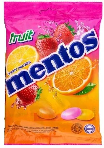 Mentos Fruit Chewy Dragees Strawberry, Jeruk ,Lemon Flavored, 135g Strawberry, Jeruk , Lemon Candy