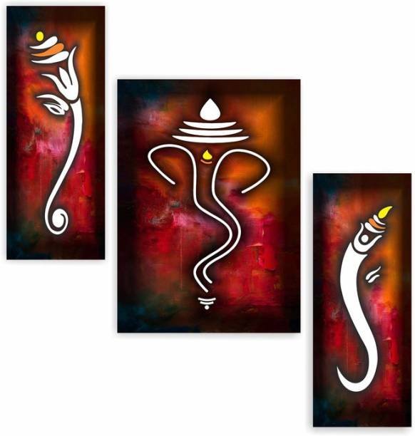 saf Set of 3 Ganesha UV Textured Home Decorative Gift item Self adeshive Digital Reprint 18 inch x 12 inch Painting