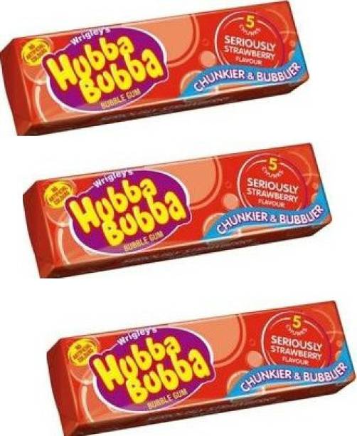 Wrigleys Hubba Bubba Bubble Gum Chunky and Bubbly Seriously Strawberry Flavour 35g(Pack of 3),105g Strawberry Chewing Gum